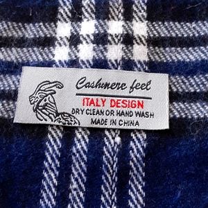 CASHMERE FEEL, Italy Design,  Blue Tartan Fringed Scarf